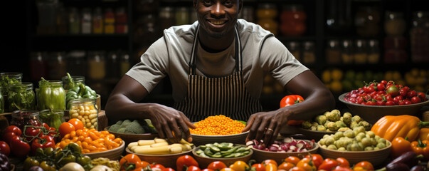A Senegalese chef lovingly arranges a colorful spread of vegan feasts carefully designing the plates to look as appealing as they