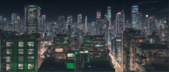 Close balcony view of a neighborhood in a futuristic downtown Manhattan, neon punk vision
