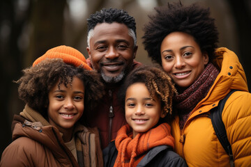 A radiant African American family beams with pride and love as they stand together snuggling and cuddling one another in a joyous