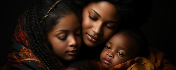An African American mother cradles her son and daughter in her arms an overwhelming sense of protectiveness and love emanating from