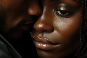 A closeup of a black couple holding hands gazing deeply into each other s eyes with visible love and admiration.