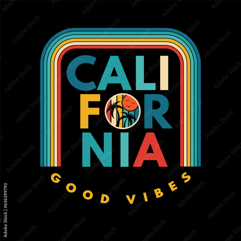 Wall mural Retro vintage California sunset logo badges on black background graphics for t-shirts and other print production. Vector illustration for design. 70s-style concept. Good vibes.