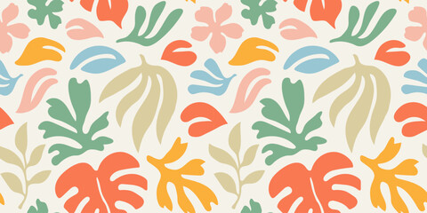 Abstract plant leaf art seamless pattern with colorful freehand doodle collage. Organic leaves cartoon background, simple nature shapes in vintage pastel colors. 