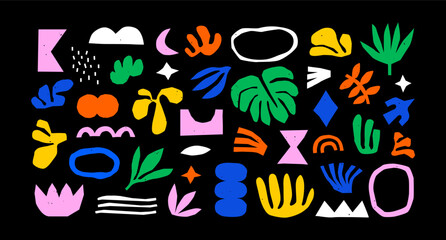 Colorful organic shape doodle collection. Funny basic shapes, random childish doodle cutouts of tropical leaf, hand and decorative abstract art on isolated background.