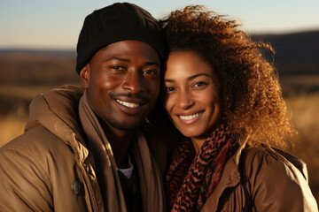 An African couple embraces on a grassy hilltop. The man has a warm caramel hue and a broad smile while his beautiful companion has