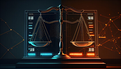 Law scales on background of data center. Digital law concept of duality of Judiciary, Jurisprudence and Justice and data in the modern world. Ai generated image  - obrazy, fototapety, plakaty