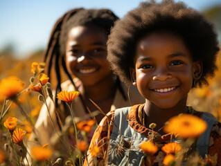 Two young African siblings run through a field of wildflowers. The younger girl has a warm cinnamon complexion that contrasts with