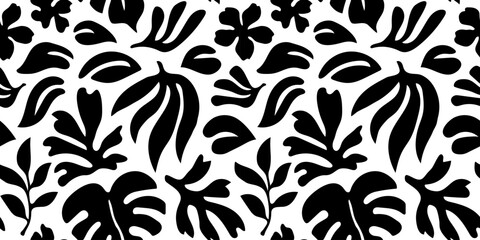 Abstract black and white leaf shape seamless pattern. Trendy contemporary nature art cutout background illustration. Natural organic plant leaves artwork wallpaper print. Vintage summer texture.	