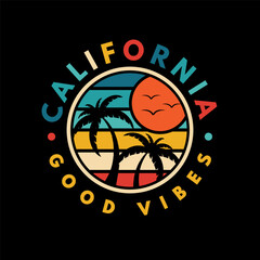 Retro vintage California sunset logo badges on black background graphics for t-shirts and other print production. Vector illustration for design. 70s-style concept. Good vibes.
