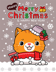 Cute Baby Orange Cat in Snowman Costume at Christmas Night, Cartoon Kawaii Style