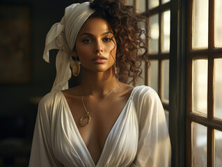 A beautiful African woman dressed in a white maxi dress stands in front of a window lost in thought. She is pondering her life considering