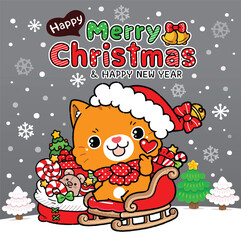 Cute baby orange cat in Santa Claus costume with a red gift bag sits on a sleigh at Christmas night background, Japanese Cartoon Style.