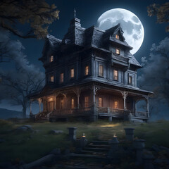 Obraz premium Abandoned Farmhouse Mansion with a Very Creepy Past: Night Ambient with Moon