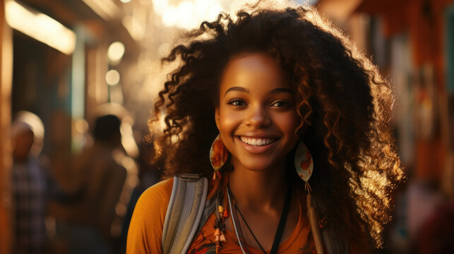 A captivating image of an African teenage girl her face filled with glee happily bounding forward over a few steps.