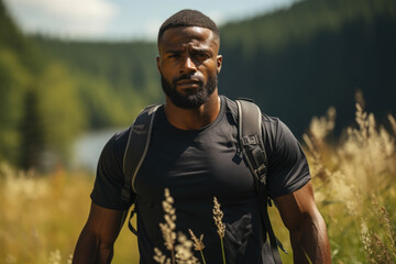 Naklejka na ściany i meble An athletic young Black man walking towards a lake his arms outstretched and balance perfectly maintained as he strides through the