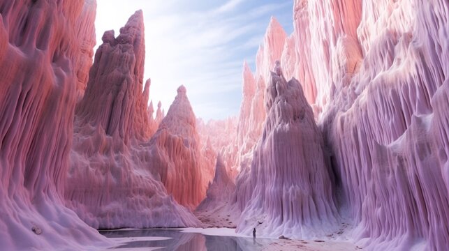 spires of teeth in cotton candy rivers.Generative AI