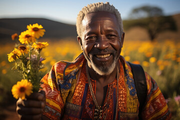 A middleaged African man wearing a bright yellow dashiki runs his fingers through a field of wildflowers. His eyes le in the late