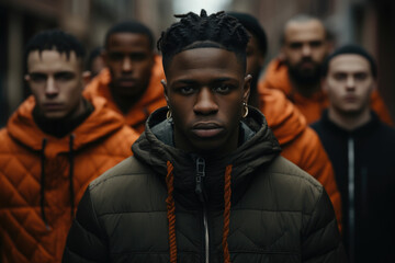 A group of young Black men stand together facing the camera in the middle of an urban city. All the men are dressed in modern streetwear