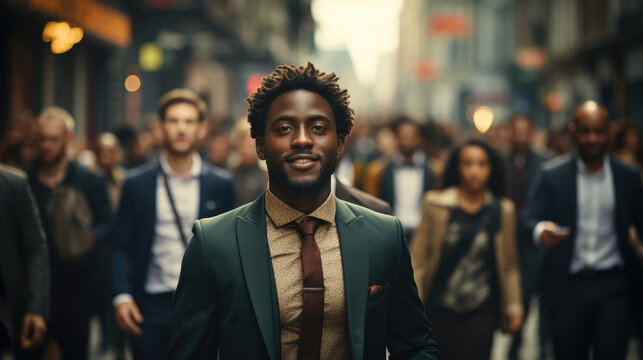 An ambitious African man in his twenties dressed in a sharp olivegreen suit and patterned tie pounding the streets of a busy metropolis