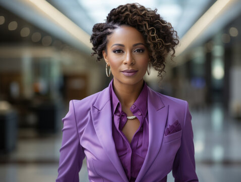 A strong black woman in her fifties wearing a sleek purple suit and pointedtoe shoes striding confidently into the corporate boardroom