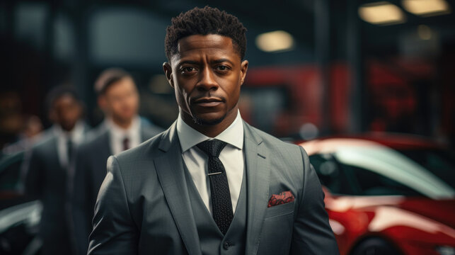 A smart black man in his late thirties wearing a grey pinstriped suit and red bowtie smiling confidently into the lens as he leans