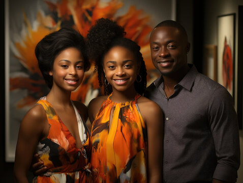 An African American Family Posing For A Photo Together In A Contemporary Dining Room. The Father Stands A Little Taller Than The Rest