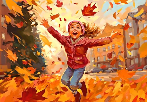 Autumn child, generative ai image of little kid happy to play with fall leaves