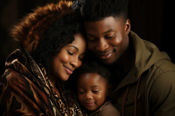 Two African American parents look adoringly at their infant daughter as she gazes back at them in love and trust. They exchange a