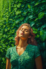 Obraz na płótnie Canvas woman on background of green leaves wall