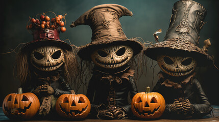 Devilish dolls with halloween pumpkins. Generative AI