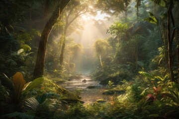 Meandering stream in lush rainforest., generative IA