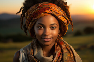 A young African girl stands against a backdrop of rolling hills the sun setting in the distant sky. Her wide eyes squint into the