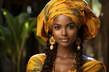 A gl African woman in her thirties stands in a bright tropical garden wearing a colourful headscarf and loosefitting yellow dress - Powered by Adobe