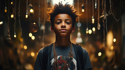 Obraz premium An African American boy proudly wears a tshirt filled with various symbols of selfexpression. His freespirited attitude is evident