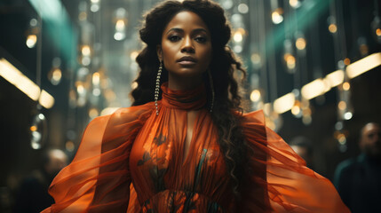 Obraz premium An African American girl wearing an avantgarde dress stands alone radiating individuality and fearless selfexpression. She strikes