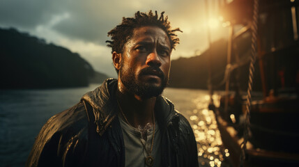 A strong African man stands confidently at the bow of a sailboat navigating the choppy water of a lake. His hair whips in the wind - Powered by Adobe