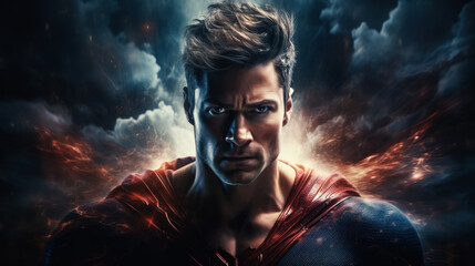 Being a superhero with special powers on dark background with a place for text photorealism 