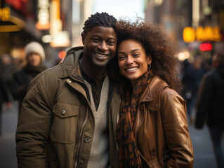 An African American man and woman hold hands while walking down a busy city street. The man has a warm smile on his face and a protective - Powered by Adobe