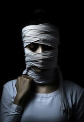 fashion model in white fabrics like mummies, disorder, patient, masked face, scary horror poster 