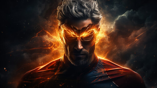 Being a superhero with special powers on dark background with a place for text photorealism 