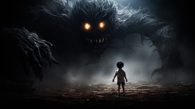 Being chased by a monster dark background with a place for text photorealism, nightmare 