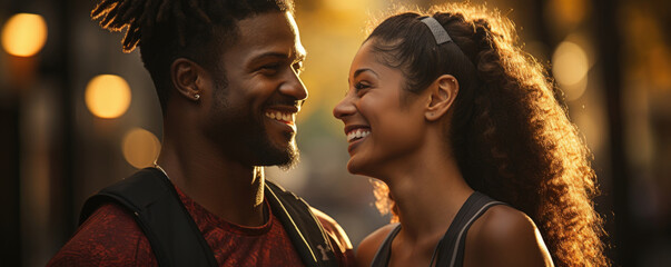 An African American couple sits on a park bench after their workout. They lean against each other tightly embracing one another. The