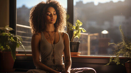 A single African American woman occupies a sunlit balcony her eyes closed as she practises gentle yoga. From the outside looking in