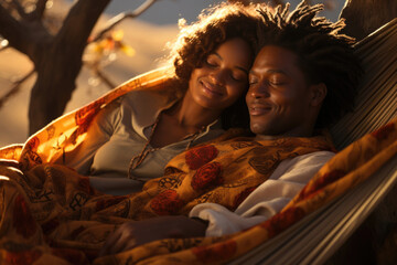 An African couple relax in the warmth of the sun in a hammock strung between two trees looking contented and at peace with the world