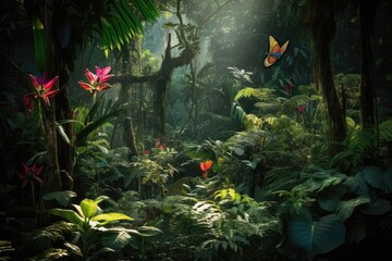 Fototapeta na wymiar Lush rainforest, winding rivers, colorful birds. Nature in full harmony., generative IA