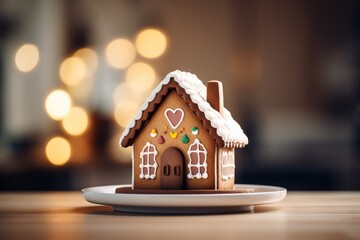 Gingerbread house on a white plate with bokeh background
