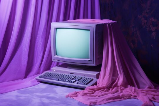 Retro Computer With Purple Screen On Pink Background.