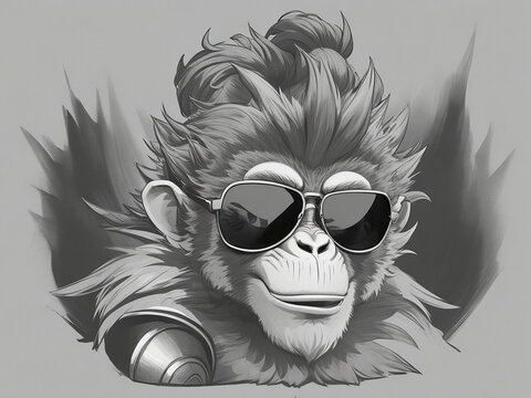 Cool Monkey King wears sunglasses lineart. Generative AI