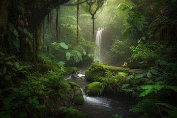 Lush rainforest waterfall, wildlife and abundant nature., generative IA