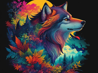  Illustration of nature with the majestic colorful wolf. Generative AI